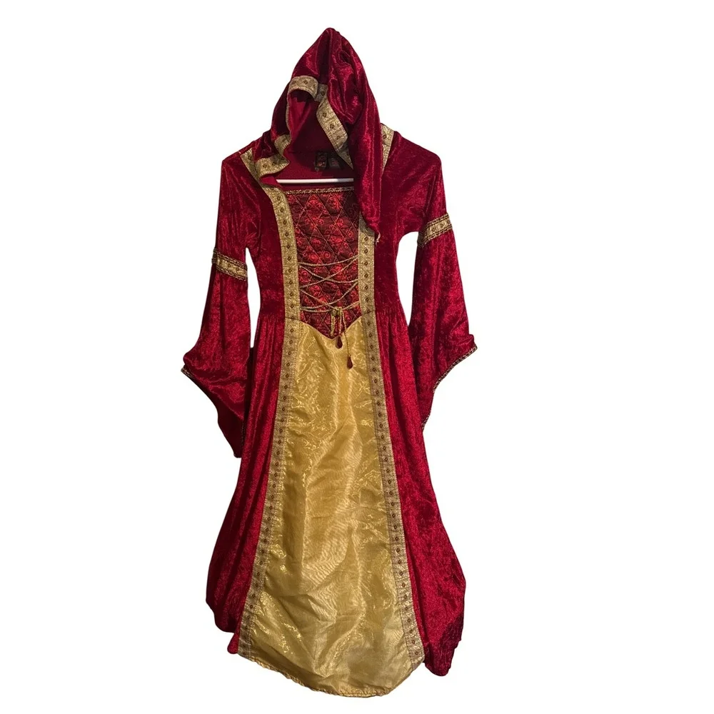Renaissance Medieval Princess Costume Red Gold Hooded Velvet Hoop Dress Girls M